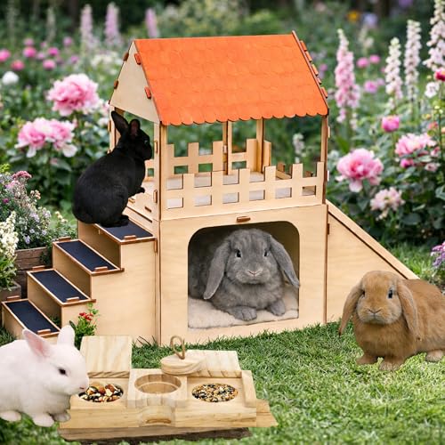 Deluxe Extra Large Wooden Rabbit Castle with Feeding Station, 2-Story Spacious Bunny Hideout House, Easy Assembly Indoor Habitat for Rabbits, Guinea Pigs and Chinchillas