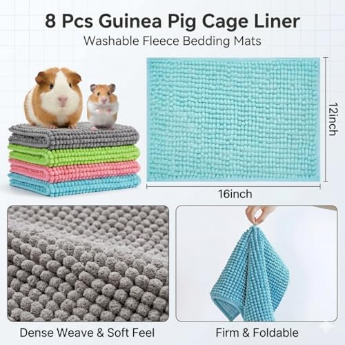 8 Pcs Guinea Pig Cage Liner, 16x12 Inch Washable Fleece Bedding Mats, Reusable Pee Pads for Small Animals, Rabbit Bunny Hamster Cage Accessories (Gray, Green, Pink, Blue)