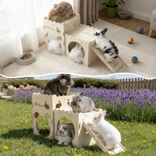 Large Rabbit Castle, Wooden Bunny House,Detachable Rabbit Hideaway, Indoor Hamster Castle with Ramp, Small Animal Houses & Habitats for Guinea Pig Chinchilla Ferret(2 House) - size: Large - 2-House