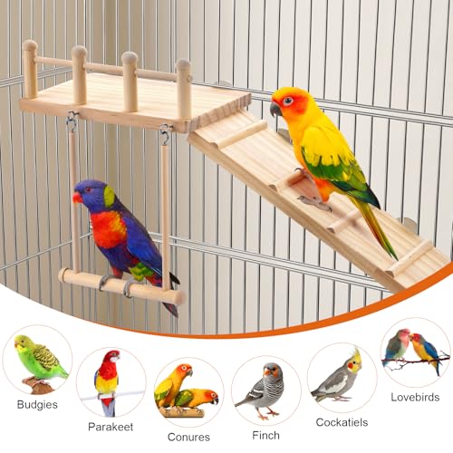 Wooden Bird Habitat Platform with Swing and Ladder - Sturdy Long Tailed Parrot cage Accessory, Suitable for Exercising and Entertaining Bird Games Gym - Perfect for Parrots, Canaries, Sparrows - size: 1