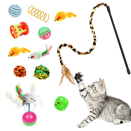 Malier Cat Toys Kitten Toys Set, Collapsible Cat Tunnels for Indoor Cats, Interactive Kitty Toys Cat Feather Toy Fluffy Mouse Crinkle Balls 3 Way Tube Tunnel Toys for Puppy Kitty Kitten - color: Rainbow