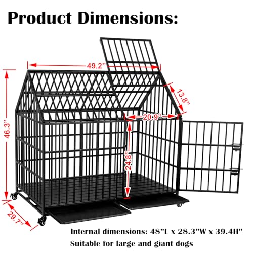 50 inch Heavy Duty Indestructible Dog Crate with 2 Bowls, Steel Double Door Indoor High Anxiety Cage for Large Giant Dogs, Escape-Proof Chew-Proof Pet Kennel with Trays and Wheels, Extra Large XL XXL - size: 49.2"L x 29.7"W x 46.3"H