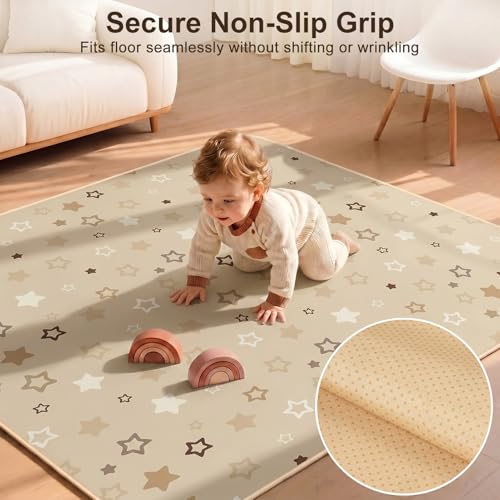 Basumee Splat Mat for Under High Chair, Waterproof & Mess-Proof Floor Mat | 46"×42" Baby Splash Mat, Non Slip Bottom, 4-Layer Fabric, Food & Liquid Catcher, Machine Wash for Boy Girl, Meals, BLW, Craft - color: Brown Stars, size: 46x42 Inches