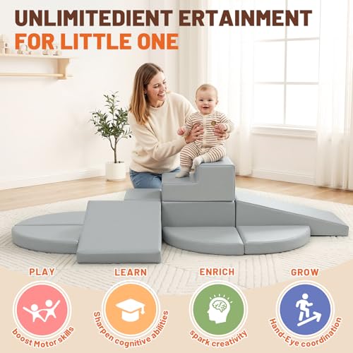 9-Piece Climbing Toys for Toddlers: Soft PU Leather Foam Blocks - Baby Climb and Crawl Activity Blocks - Kids Play Gym Equipment Indoor for Development(Grey) - style: Grey