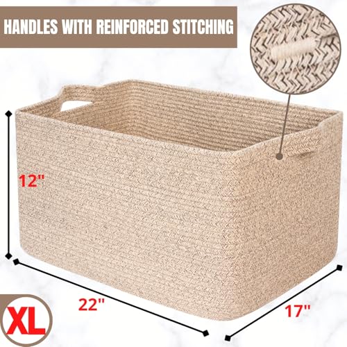 22in Extra Large Blanket Basket Holder Living Room, Rectangle Rope Woven Storage Basket with Handles for Laundry, Pool Towels, and Shoes, Dog Toy Organizer Bin Box, Oatmeal Brown - color: Oatmeal Brown