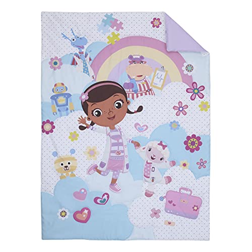 Disney Doc McStuffins - Cuddle Team Purple, White, & Blue 4Piece Toddler Bed Set - Comforter, Fitted Bottom Sheet, Flat Top Sheet, & Reversible Pillowcase, Lavender, Aqua, Pink, Yellow - color: Disney Doc Mcstuffins