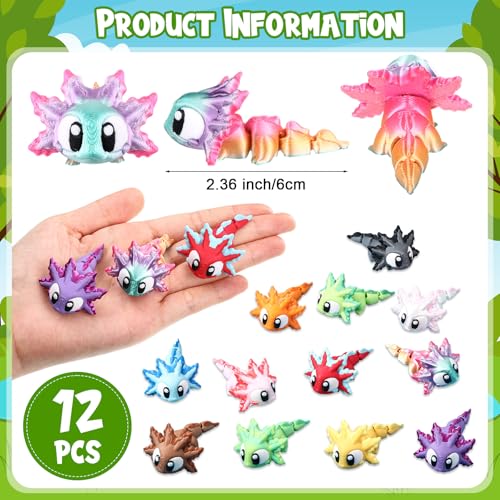 Honoson 12 Pcs 3D Printed Animals 5-7cm, Baby Axolotl Matte Style | Articulated Fidget Animals, Flexible 3D Printed Figures for Stress Relief, Cute Mini Joints for Party Favors and Display - size: 5-7cm, style: Baby Axolotl Matte Style