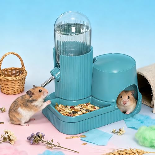 3 in 1 Hamster Water Bottle No Drip Automatic Water Dispenser with Food Bowl Container & Hideout Base Hut for Dwarf Hamster Mouse Rat Gerbils Mice Cage Accessories (Blue) - color: Blue