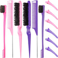 Remerry 12 Pieces Hair Brush Set, Includes 3 Row Salon Teasing Brushes, Double Sided Hair Edge Brush, Rat Tail Combs, Duckbill Clips for Women Girls (Pink, Purple) - color: Pink, Purple