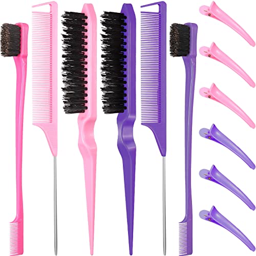 Remerry 12 Pieces Hair Brush Set, Includes 3 Row Salon Teasing Brushes, Double Sided Hair Edge Brush, Rat Tail Combs, Duckbill Clips for Women Girls (Pink, Purple) - color: Pink, Purple