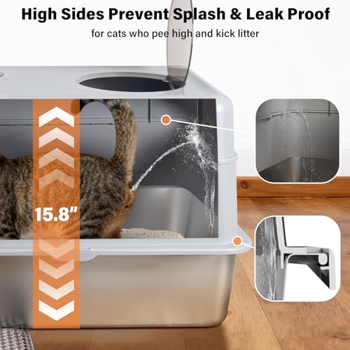 Stainless Steel Litter Box with Lid,Extra Large Enclosed cat Litter Box | Enclosed Metal litterbox with Flip Top,Front and Top Entry,Anti-Leakage,Easy Cleaning,Includes Scoop & Mat - color: Enclosed-XL