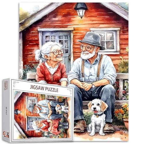 Old Couple Jigsaw Puzzles 1000 Pieces for Adults, Families (Man,Woman,Wooden House,Animal,Dog,Garden) Pieces Fit Together Perfectly 19.7''x27.6''inch Family Performance Frameable Magic Puzzle Art - color: Artwork-52