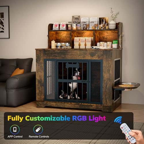 Petrova 33" Dog Crate Furniture with Storage Shelf & 2 Stainless Steel Bowls, Heavy Duty Indoor Dog Kennel for Medium/Small Dogs, Wooden Dog Cage with 4 Hooks, LED Light, Walnut Brown - color: Brown, size: 33.9"L x 21.9"W x 37.2"H