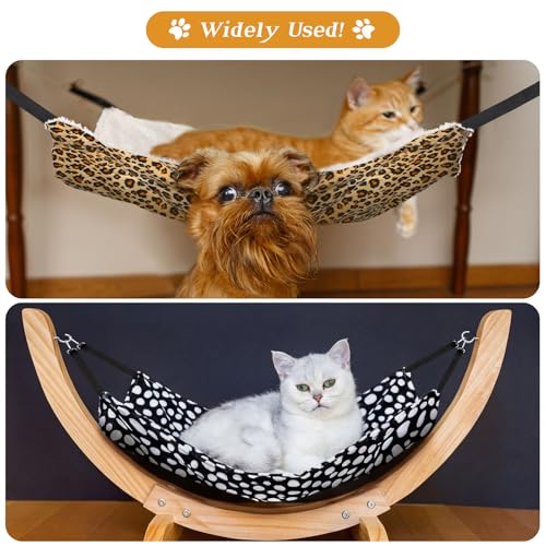 Jetec 2 Pack Cat Hammock for Cage, Catio Accessories Reversible Soft Cats Bed with Adjustable Straps and Hooks Double-Sided Linen and Fleece Hanging Hammock for Cats, Kitten(Leopard and Dot,M) - size: M