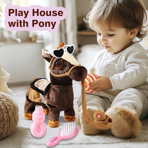 Marsjoy Black Walking Pony Toy Musical Singing Dancing Plush Interactive Walk Along Toy Horse with Leash Pony Robot Stuffed Animal for Boy Girl Ages 3+ H: 11.81" Age 3+ - color: Black Pony