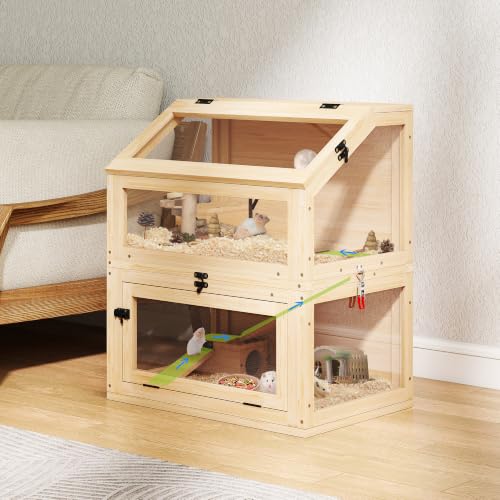 COZIWOW Hamster Cage, 2-in-1 Detachable 2-Tier Stackable Chewproof Wooden Small Animal Habitat with Ramps & Hideouts, 270° Panoramic Acrylic View Openable Wire Top, Large Rat House for Syrian - color: Wood