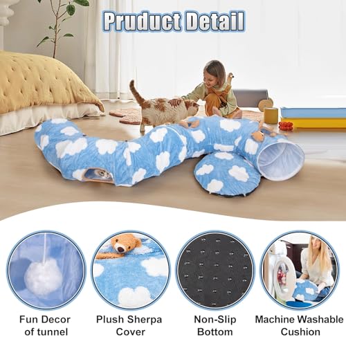 Cat Tunnel Bed, Tunnels for Indoor Cats with Washable Circle Cushion, Multifunctional Peekaboo Cave Donut Tubes Tunnel for Cat Kitty Kitten Puppy Rabbit Ferret (Sky Blue)