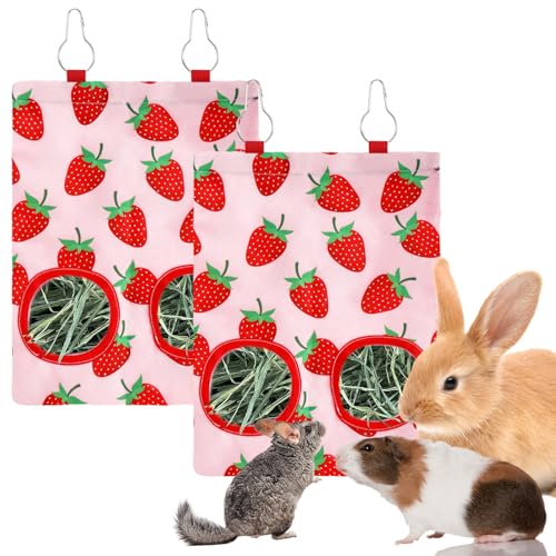 JarThenaAMCS 2Pcs Rabbit Hay Feeder Bag with 2 Holes Pink Strawberry Guinea Pig Hanging Hay Feeding Bag Storage Dispenser for Chinchilla Hamster Bunny Small Animal Pet