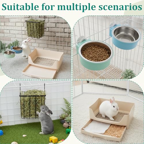 Leinuosen 4 Pcs 4 in 1 Rabbit Hay Feeder with Litter Box 2 Hanging Bowl,Rabbit Litter Box Metal Hay Rack Bunny Guinea Pig Hays Holder Bunny Bedding Toilet for Guinea Pig Chinchilla Other Small Animal