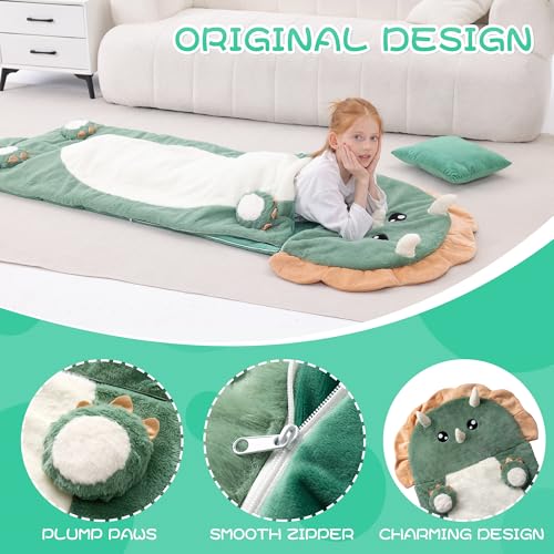 70" 4.2lbs Kids Sleeping Bag with Pillow Green Dino Toddler Nap Mat | Sleep Sack 2-in-1 Sleeping Mat&Blanket Washable Rolls Up W/Handle For Daycare Kindergarten Thick Soft & Portable In Gift Box - color: Dinosaur-Green