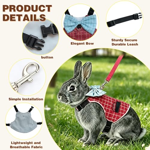 Rabbit Harness and Leash Set Escape Proof Plaid Bunny Vest with Bow Tie Breathable Mesh Harness Dual D Rings Adjustable Leash for Rabbit Guinea Pig Ferret Walking Training (Red, M) - color: Red, size: M
