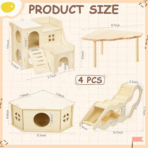BreezeHug 4 Pcs Hamster Cage Accessories Hamster Platform Hideout Wooden Tunnel Ladder Playhouse Game Climbing Toy with Platform for Pets Dwarf Syrian Mice Degus Gerbils Squirrel(Spy Villa) - style: Spy Villa