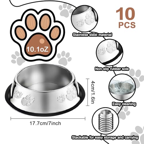 10 Pcs Stainless Steel Dog Bowl Pet Feeding Bowl with Rubber Base Non-Slip Pet Dishes Metal Dog Bowls Pet Food and Water Bowls for Small Medium Animals Kitten Rabbit (10.1 oz) - size: 10.1 oz