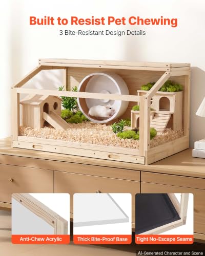 VEVOR Wooden Hamster Cage 39.4"x20.5"x19.9" 270° Viewing Hamster Habitat, Chewproof Acrylic Small Animal Cage with Openable Top, Large Pet Enclosure for Syrian/Dwarf Hamsters, Guinea Pigs & Gerbils - size: 39.4"L x 20.5"W x 19.9"H