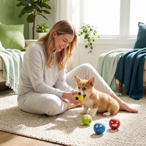 Squeaky Dog Toys, Funny Face Latex Rubber Interactive Dog Balls, Soft Chew Fetch Play Toys for Puppy Small Medium Dogs, 4PCS - color: Red Blue Yellow Green