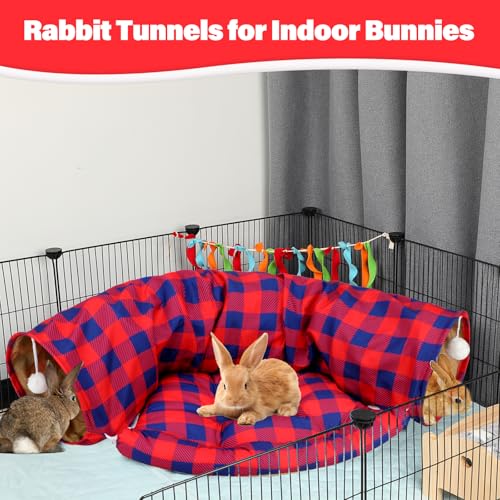 BWOGUE Bunny Tunnel Bed, 2-in-1 Collapsible Rabbit Tunnel Hideout with Mat | Red Plaid Rabbit Tunnel for Indoor Bunnies, 46.8 in Length, Removable Mat for Rest, Ball Toy for Play, Cats and Guinea Pigs - color: RedPlaid