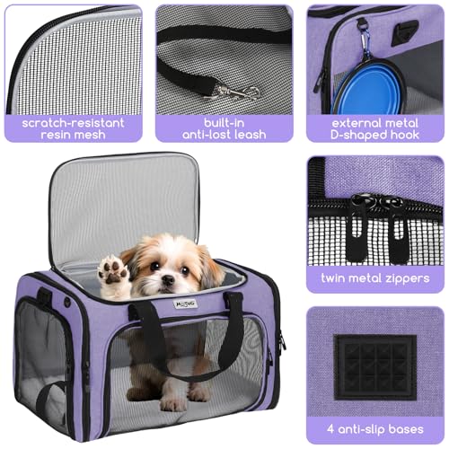 Pet Carrier for Cats & Small Dogs, Travel Carrier with Anti-Collapse Support, Chew Resistant Buckles, Luggage Sleeve, Multi-Pocket Storage, Reversible Mat & Bowl (Purple, Medium (17.5"x11"x11.5")) - color: Purple