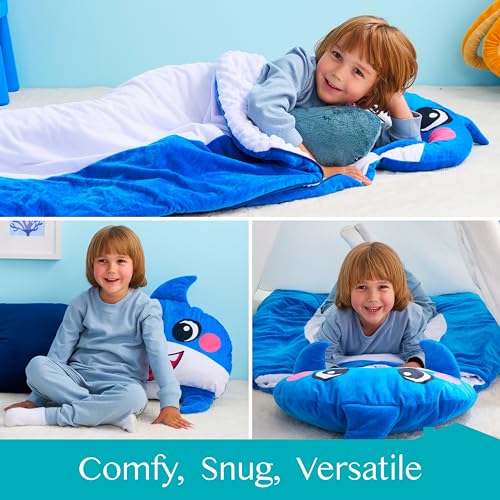 JOIEDOMI Kids Sleeping Bag 4 5 6 Year Old Girl Gifts Toddler Nap Mat with Pillow & Blanket 60" x 39" for Kids Ages 3+ Soft Plush Sleeping Mat for Preschool and Boys Girls - color: Blue Shark