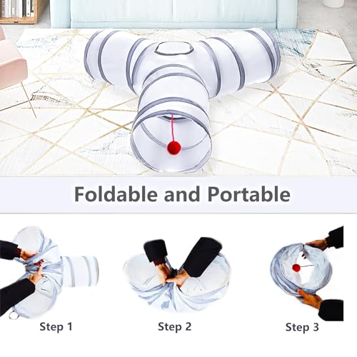 Cat Tunnel Tube Toys, 3 Ways Tunnels for Indoor Cats with Play Ball | Collapsible Pet Tube with Interactive Peephole Interactive Toy for Rabbits, Kittens, Ferrets, Puppy(White Gray) - color: 3 Way White Gray