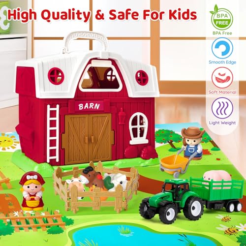 Farm Animal Toys for Toddlers 1-3, Big Barn Montessori Learning Playset | Animal Finger Puppets, Farm Mat and Tractor, Interactive Pretend Play, Christmas Birthday Gifts for 12-18 Months+