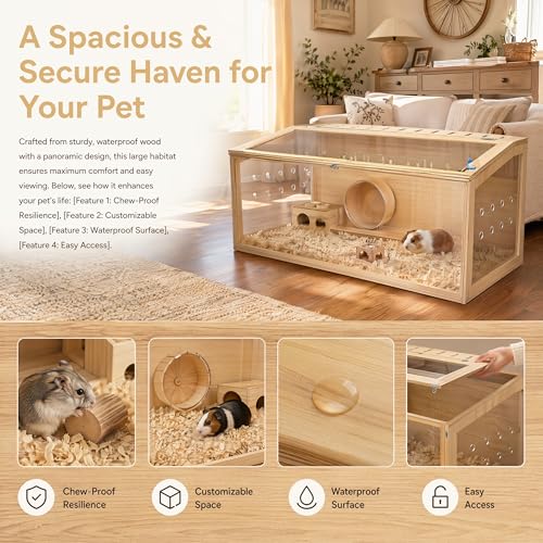 Hamster Cage Large, 32-Inch Wooden Enclosure, Open Top Acrylic View | 270° Panoramic Acrylic View, Open Top, Easy To Clean, Three-Sided Ventilation,Perfect Rat Cage, Gerbil Cage, Mouse Cage