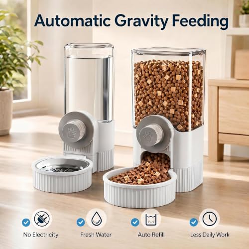 Automatic Rabbit Feeder and Water Dispenser Set,40oz Gravity Food Feeder&17oz Leak-Proof Water Bottle for Guinea Pigs,Hamsters,Chinchillas,Ferrets,Small Animals,Cage Mount Feeding Station white