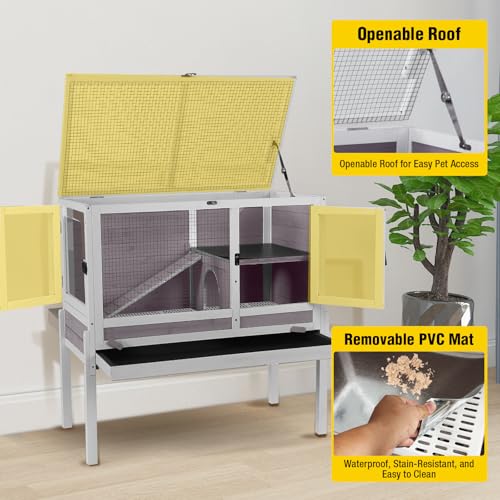 Aivituvin 2-Story Indoor Rabbit Hutch Guinea Pig Cage with Stand, Wooden Bunny Cage Small Animal Cages with Chew-Proof Ramp, Pull-Out Tray & Leakproof PVC Layer (Grey) - color: (Grey)