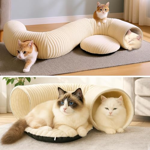 Cat Tunnel Bed with 40 Pcs Interactive Cat Toys, Cat Tube with Kitten Toys for Indoor Kittens, Collapsible Play Tunnel, White - color: White