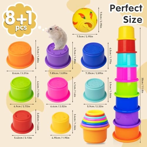 8 Pcs Colorful Stacking Cups and a Ball for Rabbits, Colorful Bunny Cups for Rabbits and Small Animals, Nesting Rabbit Cups of Different Sizes, Bunny Stacking Cups for Hiding Food and Playing - color: Rainbow&Ball