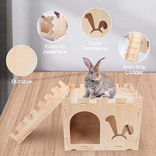 BWOGUE XL Wooden Rabbit Hideout Castle, Bunny House Wood for Small Animals | Extra Large Wooden Bunny Hideout, Wooden Rabbit Hideaway, 2-Story Castle with Ladder, Dual Doors, Detachable for Storage - style: Modern