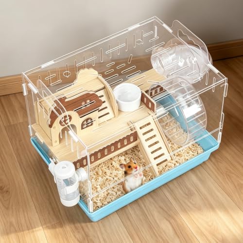 Acrylic Hamster Cage Small Hamster Habitat 360 Viewing Hamster Enclosure with Running Wheel & Hideout for Dwarf, Guinea Pig, Gerbils, Blue, 13.3" L*10.2" W*12.4" H - color: Blue