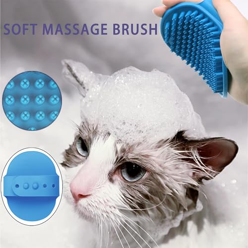 Cat Grooming Brush Kit 6 Tools - Deshedding & Dematting for Long/Short Hair, Self-Cleaning Slicker Brush with 6-in-1 Flea Comb for Cats & Kittens (Blue) - color: Blue