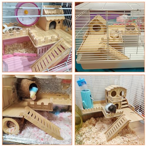 Fhiny Wooden Platform for Cage, Hanging Gerbil Climbing Platform with Ladder & Fence - Hamster Activity Playground Habitat Decor Cage Accessories for Dwarf Hamster, Gerbil, Mice, Rat, Mouse