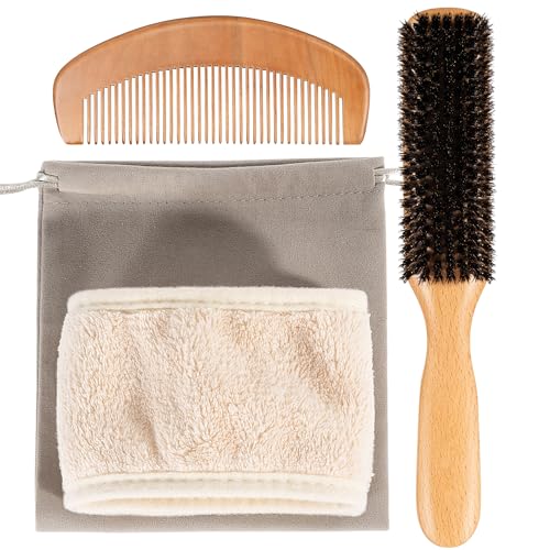 4PCS Boar Bristle Hair Brush Comb Set for Women Men Kid, Soft Natural Slick Back Hair Brush for Thin & Fine Hair, Travel Bag & Spa Headband Included - size: 1 Count (Pack of 4)