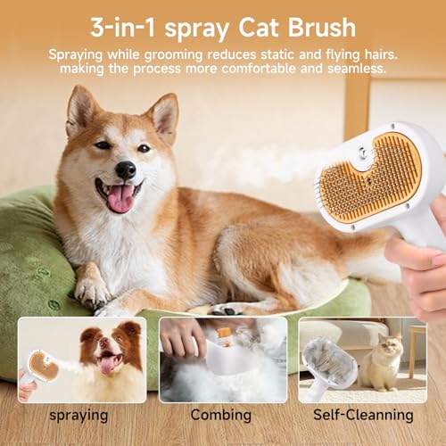 Pet Steam Brush for Dog & Cat Includes Waterless 2*Shampoo | Spray Hair Removal Comb for Shedding Grooming Softens Fur Reduces Static Water Brush for Long & Short Coats, Bath-Hating Pets - size: 7.8"-240ML