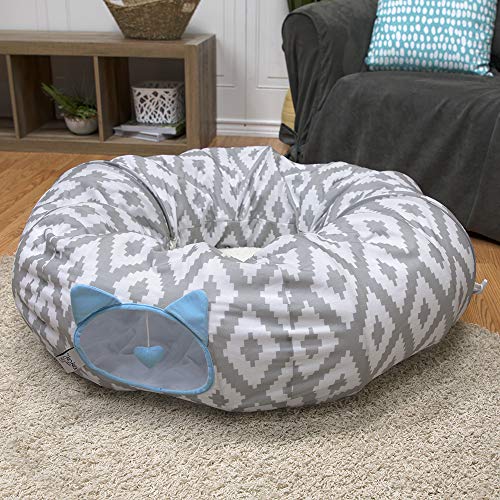 Kitty City Large Cat Tunnel Bed, 2-in-1 Zip-Together Cat Play Tunnel & Plush Nap Bed, Pop-Up Indoor Cat Toy with Hanging Toys, Collapsible Design - White - color: White