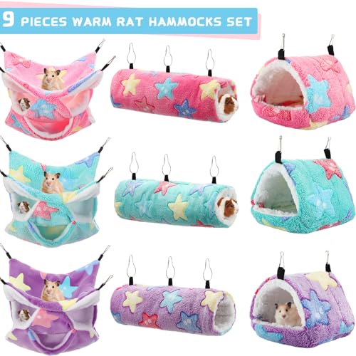 Abbylike 9 Pieces Rat Hammock 3 Tier Guinea Pig Ferret Hammocks Small Pet Hanging Tunnel Glider Toy Guinea Pig Ferret Hideout Bed Cage Accessories for Hamster(Green, Purple, Pink,Star) - color: Green, Purple, Pink