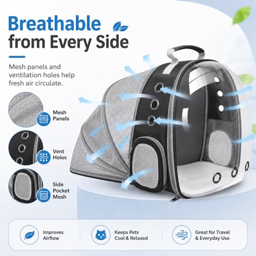 Expandable Cat Carrier Backpack with Bubble Window and Mesh, Black | Anti-collapse frame, breathable mesh, escape-resistant zipper clips and safety leash for vet visits and outdoor travel. - color: Black