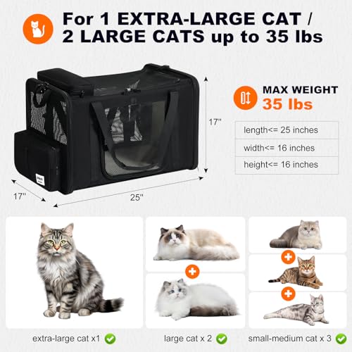 pidipiti 25x17x17 Extra-Large Expandable cat Carrier for car Road Travel | for 1 Extra-Large cat/2 Large /3 Medium Cats up to 35 lbs,large cage kennel for long road trip,zipper lock,good Visibility - size: 25.5"L x 17"W x 17"H