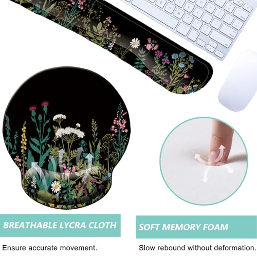 Keyboard Wrist Rest Pad Mouse Pad with Wrist Support Set of 3, Mousepad with Non-Slip Rubber Base, Ergonomic Memory Foam Mouse Wrist Cushion Support for Home Office Laptop Computer, Flowers Grass - color: Flowers Grass